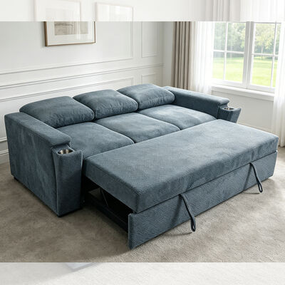 Futon-bankbed, converteerbaar slaapbankbed, comfortabel uittrekbaar bed met verstelbare rugleuning, arm met verborgen kopjeshouders van roestvrij staal, blauwe stof