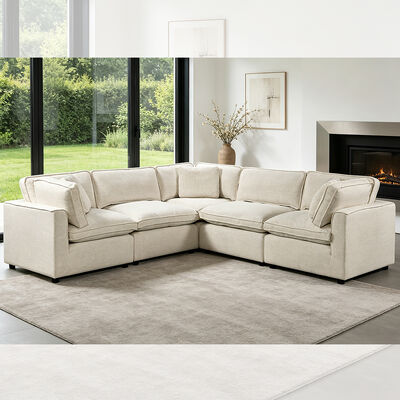 Sektionele modulaire bank met veren mengsel stoel kussen en kussens, beige stof