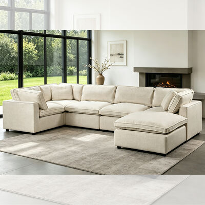 Sektionele modulaire bank met veren mengsel stoel kussen en kussens, beige stof