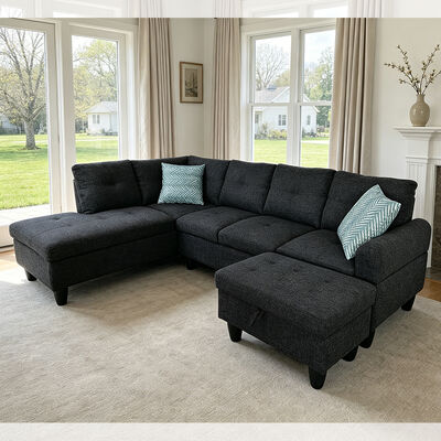 L-vormige sectiesofa met drop-down tafel en 2 kussens, Ottomaans met opslagruimte, Zwarte stof
