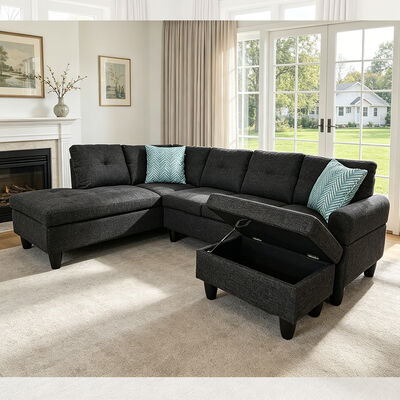 L-vormige sectiesofa met drop-down tafel en 2 kussens, Ottomaans met opslagruimte, Zwarte stof