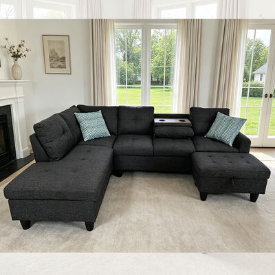 L-vormige sectiesofa met drop-down tafel en 2 kussens, Ottomaans met opslagruimte, Zwarte stof