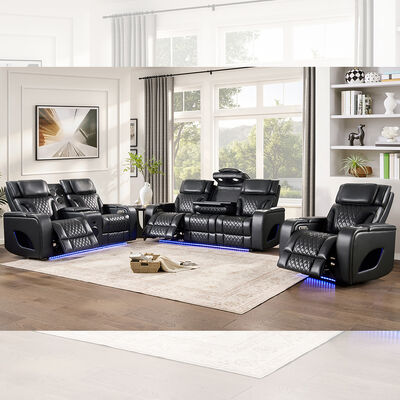 Power Recliner Sofa set met Power Recliner Seats en Power Headsets en Dropdown Table en Speaker en opslag en LED licht, Massage Functie, Zwarte Leatherette