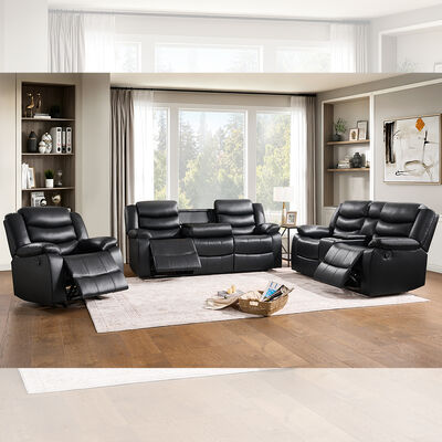 Recliner sofa set met drop-down tafel en opslagdoos, zwart leer
