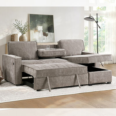 L-vormige omkeerbare slaapbank met uitschuifbaar bed, neerklapbare tafel en opbergruimte, lichtbruingrijs chenille