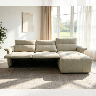 Elektrische hoekbank met 2 elektrische relaxfauteuils en USB-poort en Type C, taupe stof