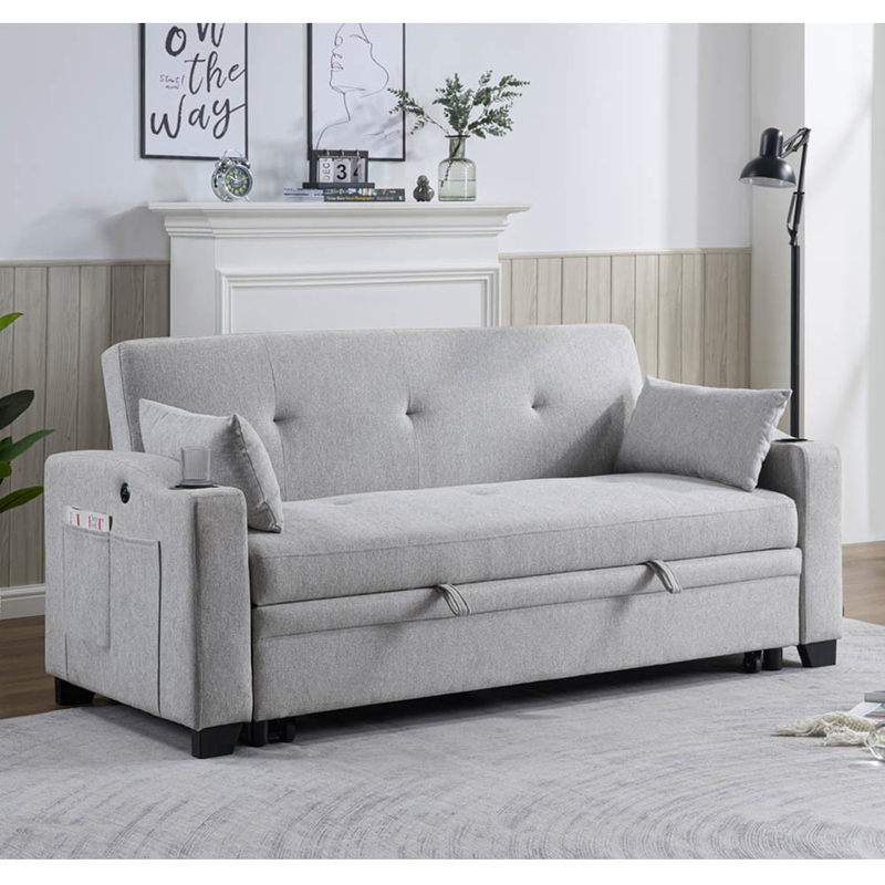 Queen size convertible slaapbank bed, comfortabel uittrekbed met verstelbare rugleuning en USB-oplaadpoort en bekkenhouders, Futon-bankbed, grijs stof