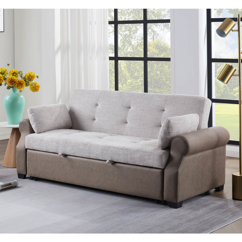 Queen size convertible slaapbank bed, comfortabel uittrekbed met verstelbare rugleuning, futon slaapbank bed, grijs stof en donkerbruin stof
