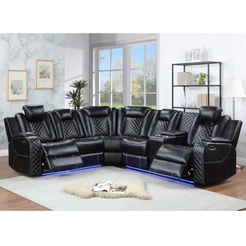 Power Recliner Hoekbank met 2 Power Recliner stoelen en 2 Power hoofdsteunen en opslagdoos en opslagarmen en LED-licht, zwart ademend leer