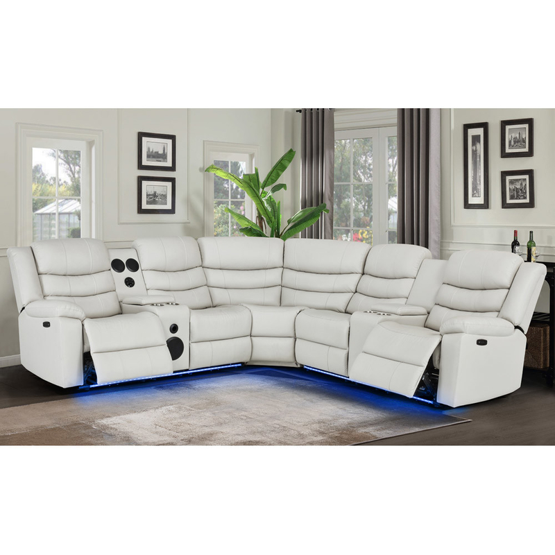 Power Recliner Hoekbank met 2 Power Recliner stoelen en opslagdoos en Bluetooth Audio luidspreker en LED-licht, Beige ademend leer