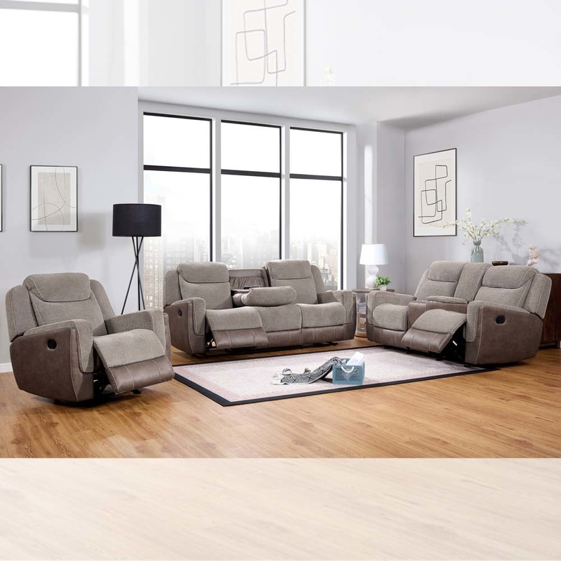 Recliner sofa set met drop-down tafel en opslagdoos, lichtbruin &amp; bruin stof