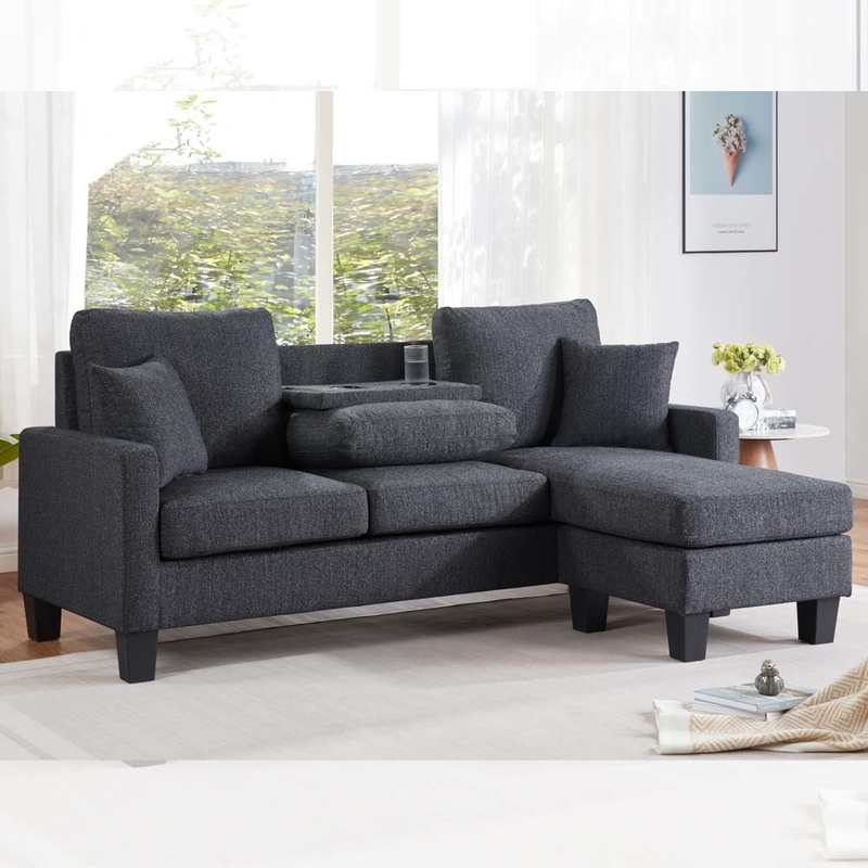 L-vormige sectiesofa met opklaarbare tafel en omkeerbare stoel en 2 kussens, donkergrijze chenille