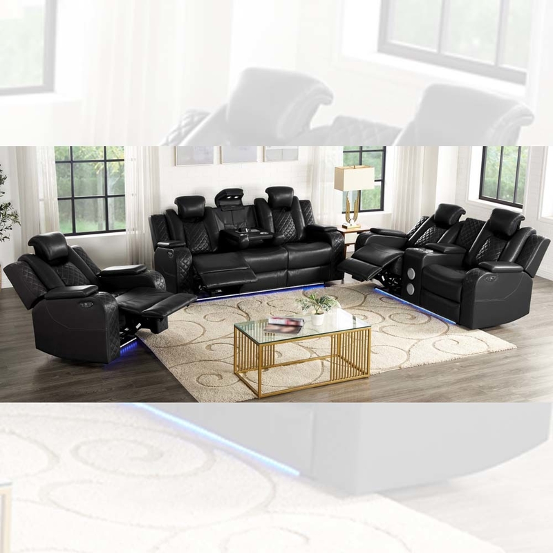 Power Recliner Sofa set met Power Recliner Seats en Power Headrests en Dropdown Table en Bluetooth Audio Speaker en Storage Box en Storage Arms en LED Light, Black Breathable Leatherette