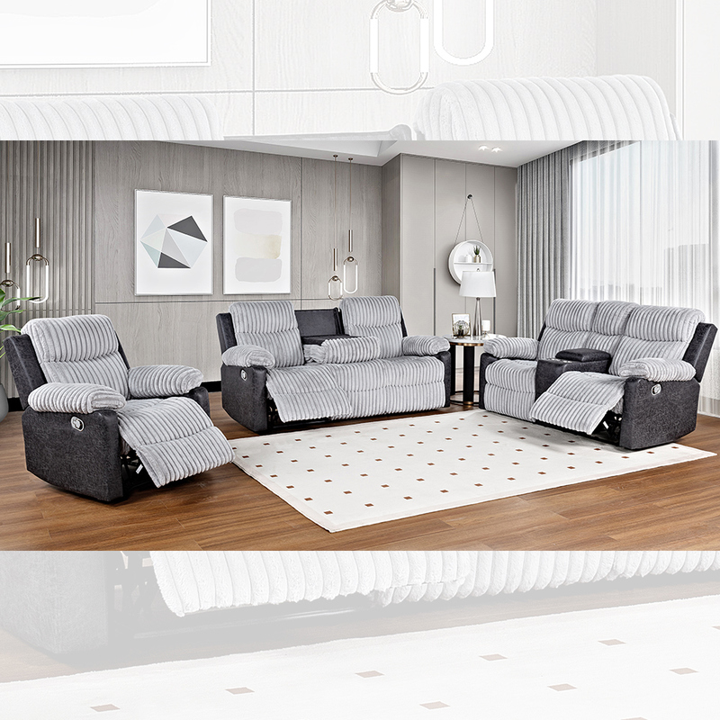 Recliner sofa set met drop-down tafel en opslagdoos, grijs & donkergrijs stof