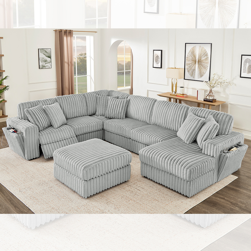 Recliner sofa set met verborgen cup holder en draadloze oplader, grijs corduroy stof