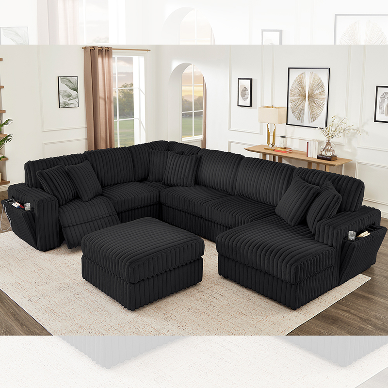 Recliner sofa set met verborgen cup holder en draadloze oplader, zwart corduroy stof