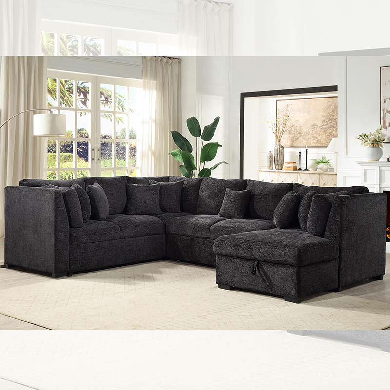 U-vormige hoekbank met slaapfunctie en uittrekbaar bed en opbergruimte in de chaise longue, zwarte stof