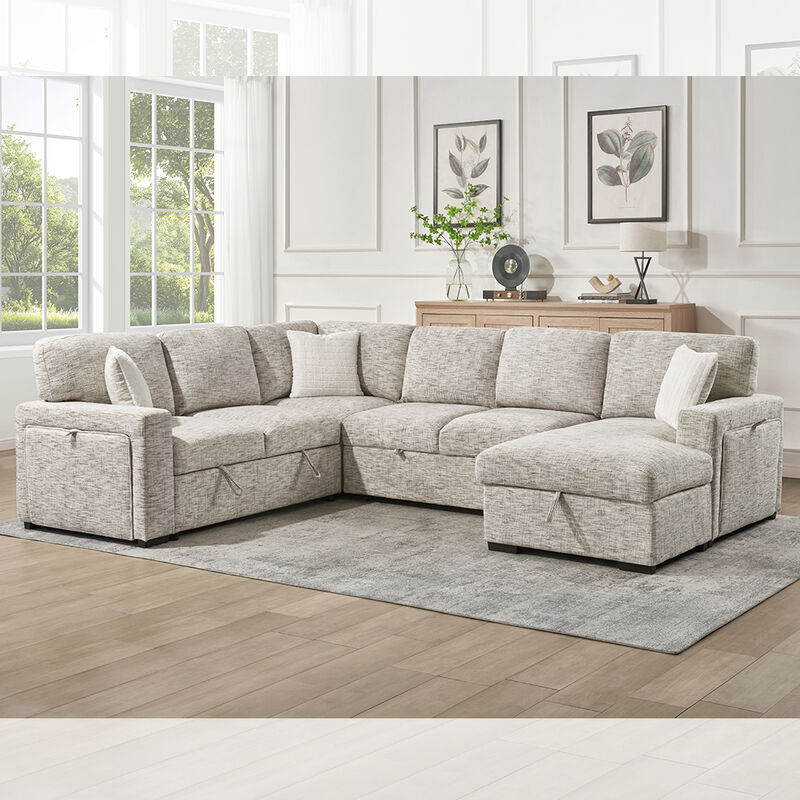 U-vormige slaapbank met uittrekbaar bed en tafel en stoorkamer stoelstoel lounge en stoorkamer liefdesstoel en bekkenhouders, beige stof