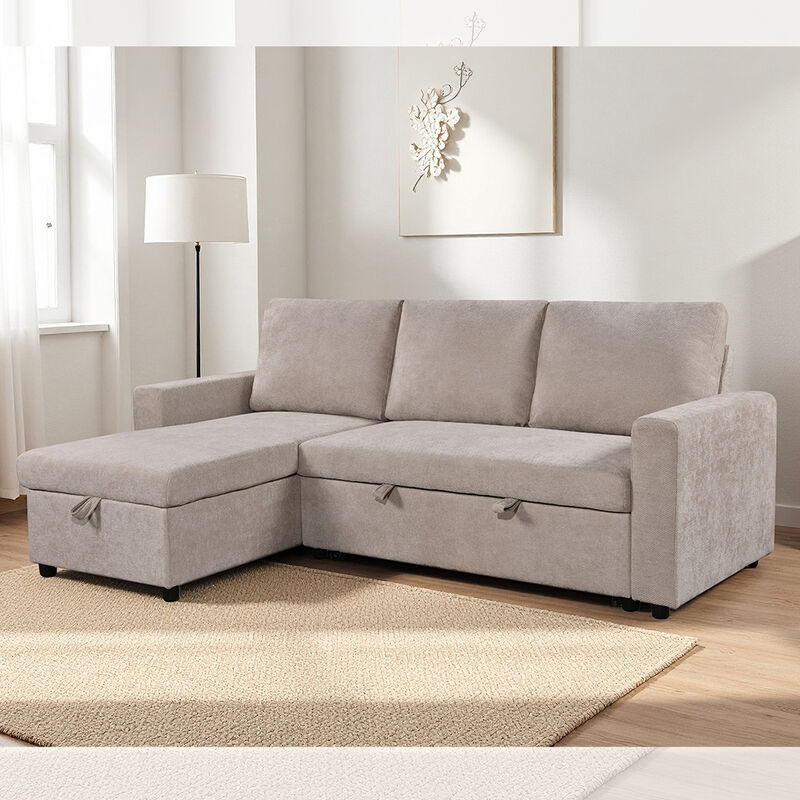 L-vormige omkeerbare slaapbank met uittrekbaar bed en opslagruimte, beige stof