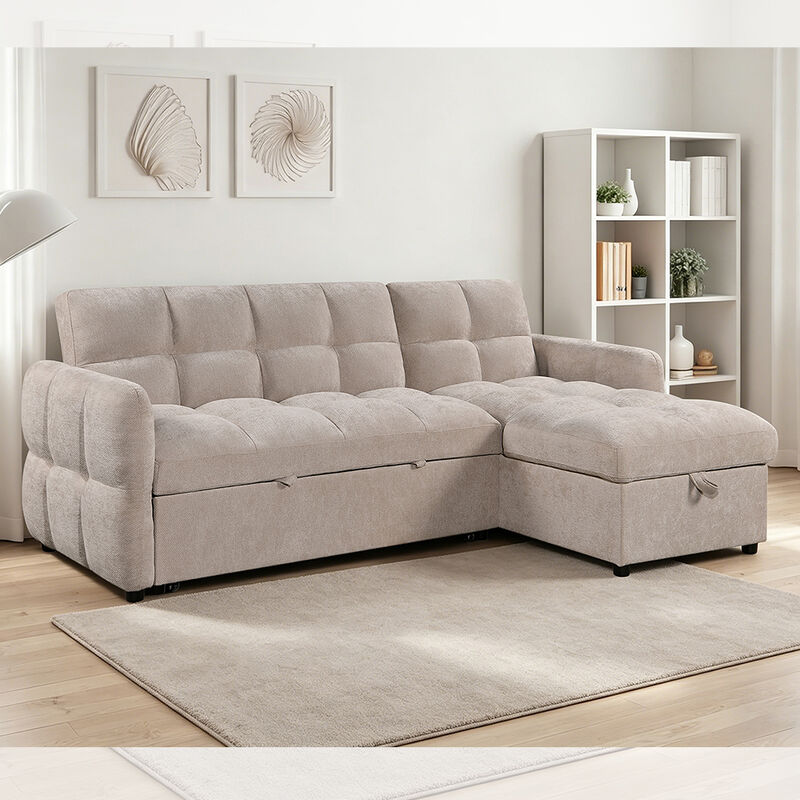 L-vormige slaapbank met uitschuifbaar bed en verstelbare rugleuning en opbergruimte, beige stof