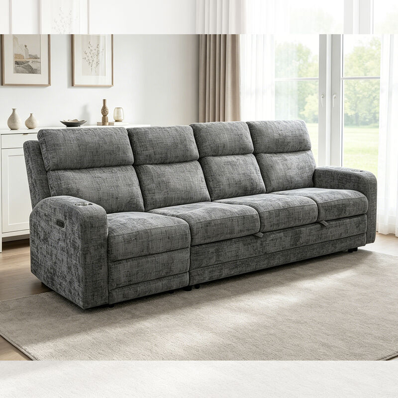 Grote sectioneel geslaapde bank met uittrekbaar bed en power recliner stoel, metalen grijs stof