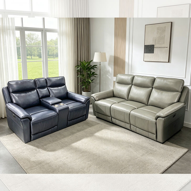 Recliner Sofa set with Storage Box, Light Gray or Navy Top grain leather