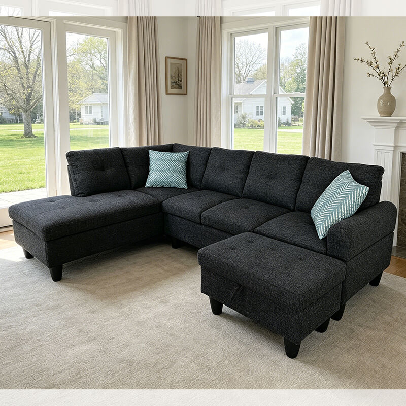 L-vormige sectiesofa met drop-down tafel en 2 kussens, Ottomaans met opslagruimte, Zwarte stof