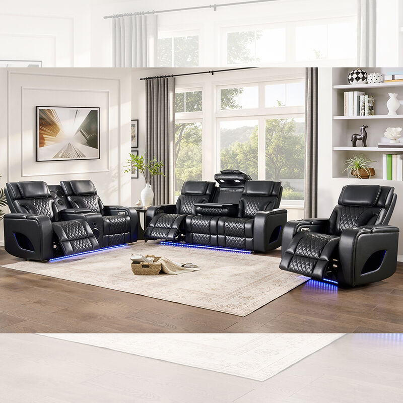 Power Recliner Sofa set met Power Recliner Seats en Power Headsets en Dropdown Table en Speaker en opslag en LED licht, Massage Functie, Zwarte Leatherette