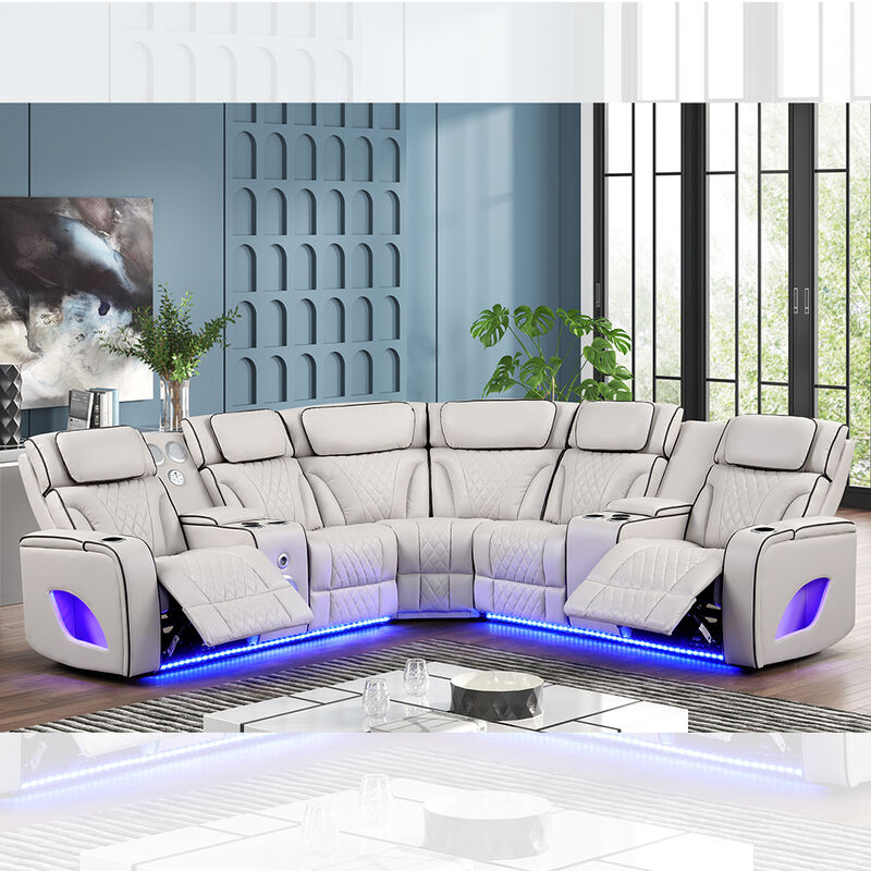 Power Recliner Hoekbank met 2 Power Recliner stoelen en Power hoofdsteunen en luidspreker en opslag en LED-licht, massagefunctie, beige leer