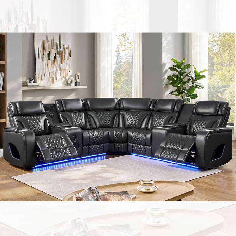 Power Recliner Hoekbank met 2 Power Recliner stoelen en Power hoofdsteunen en luidspreker en opslag en LED-licht, massagefunctie, zwart leer