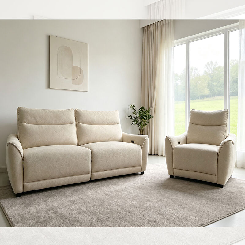 Elektrische relaxfauteuil bankstel met nulzwaartekracht en muurknuffelaar, schuim met hoge dichtheid, beige stof